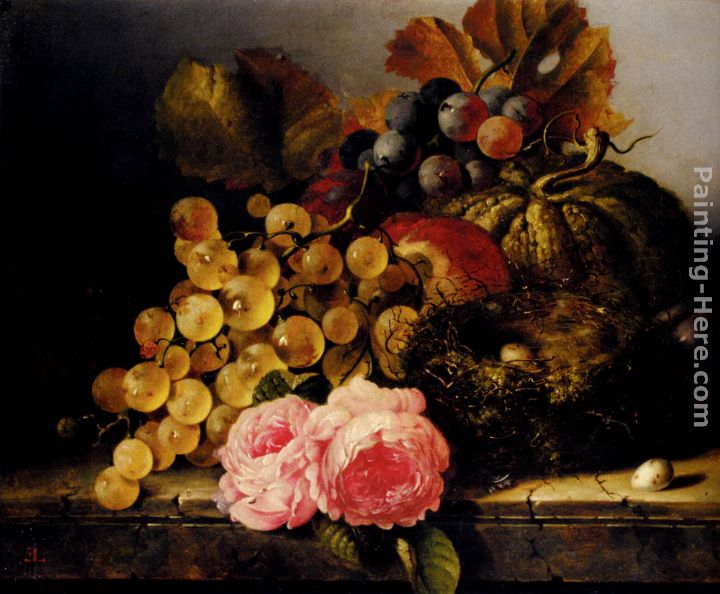 Still Life With A Birds Nest, Roses, A Melon And Grapes painting - Edward Ladell Still Life With A Birds Nest, Roses, A Melon And Grapes art painting